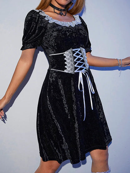 Sexy Summer Black A-Line High Velvet Chic Emo Fashion Corset Waist Party Elegant Harajuku Dress