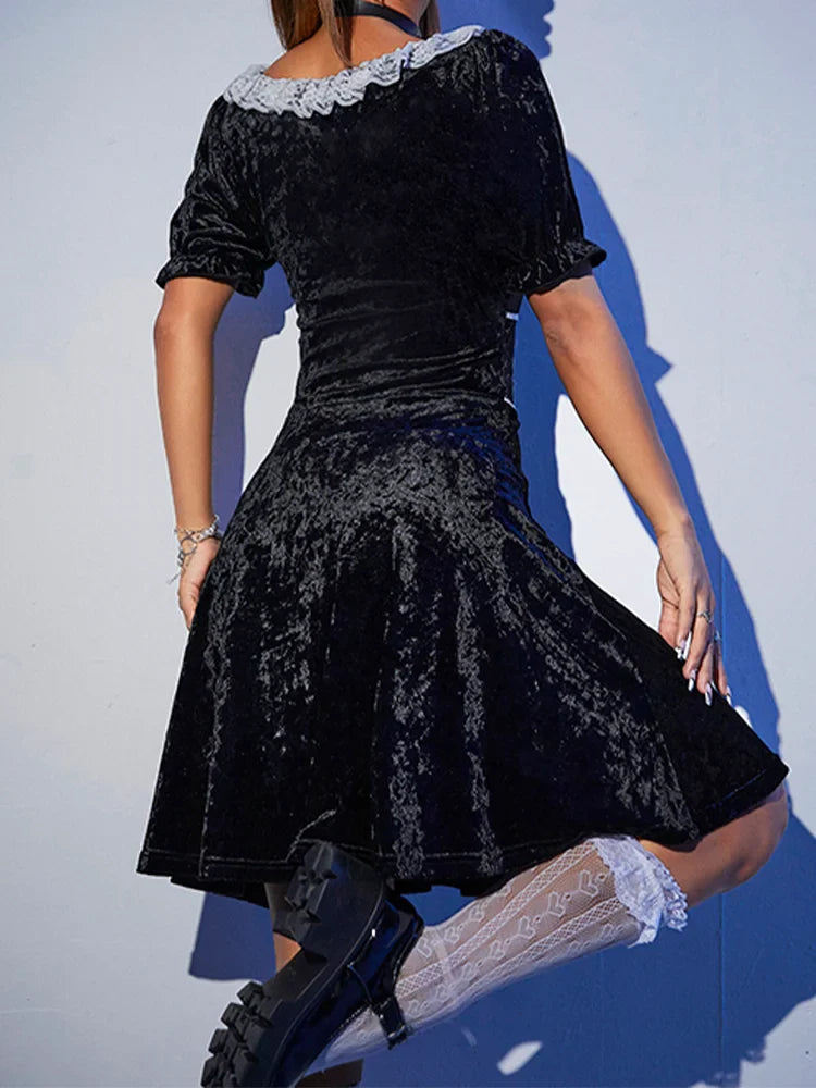 Sexy Summer Black A-Line High Velvet Chic Emo Fashion Corset Waist Party Elegant Harajuku Dress