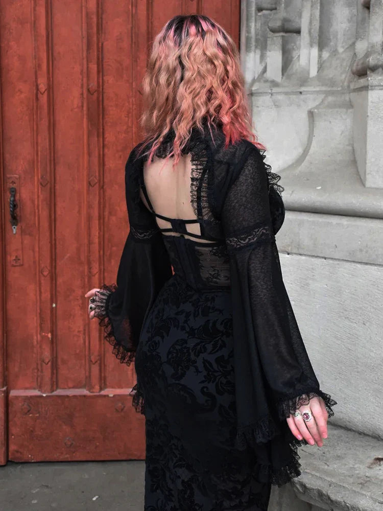 Velvet Harajuku Gothic Club Mesh Midi Corset Sling Bandage Street Lace Print Dress