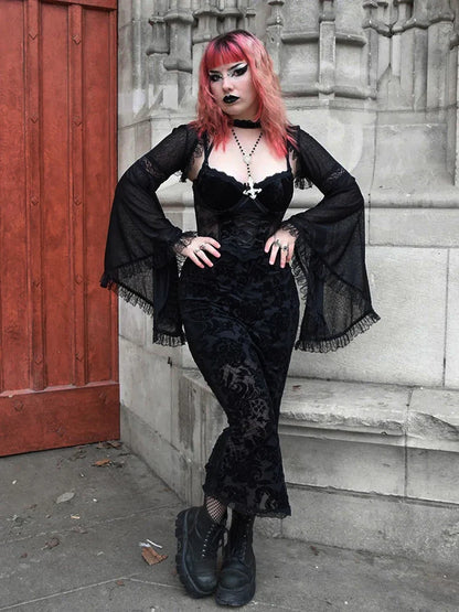 Velvet Harajuku Gothic Club Mesh Midi Corset Sling Bandage Street Lace Print Dress