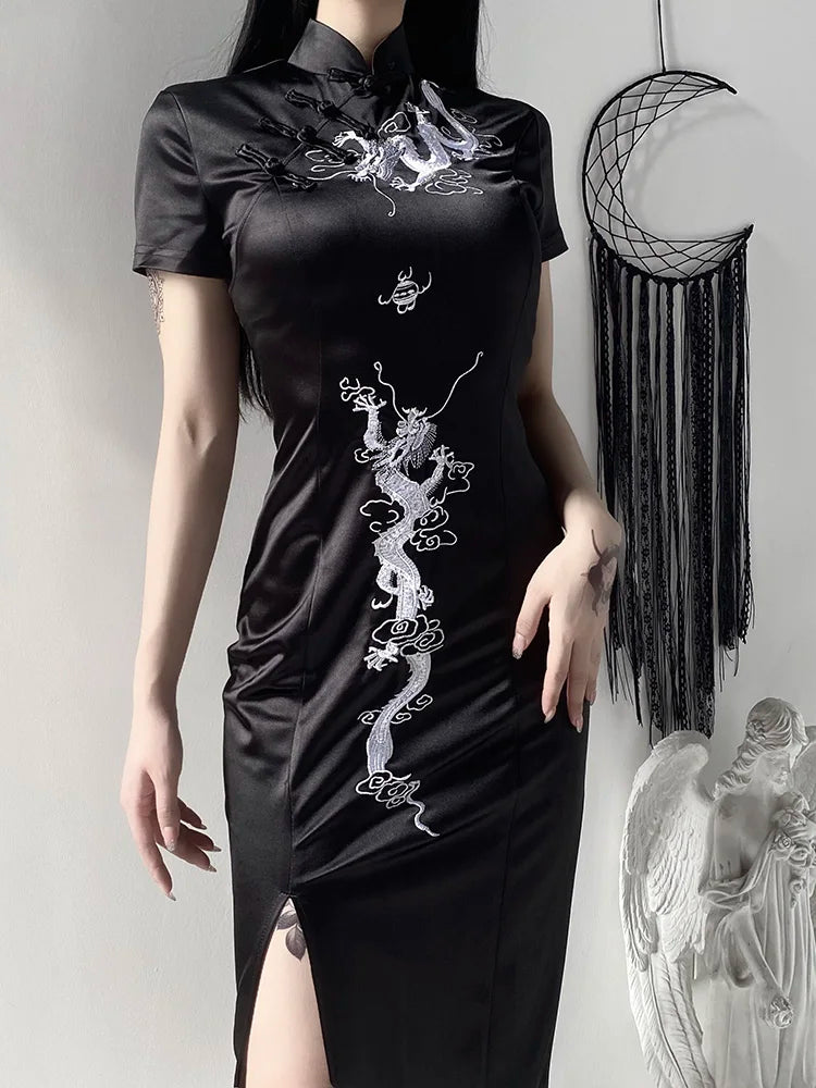 Women's Embroidery Dragon Qipao Cheongsam Retro Side Stand Collar Evening Dress