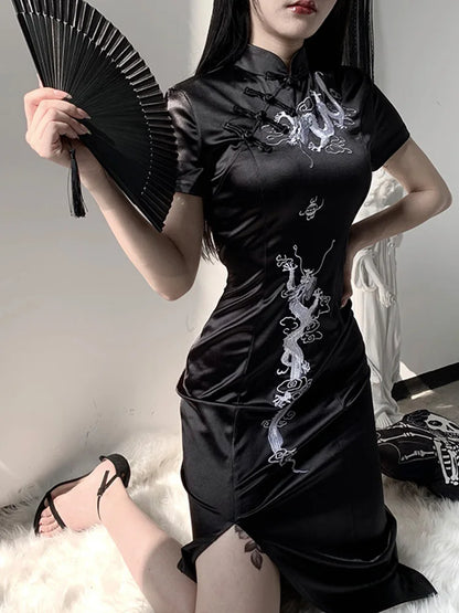 Women's Embroidery Dragon Qipao Cheongsam Retro Side Stand Collar Evening Dress