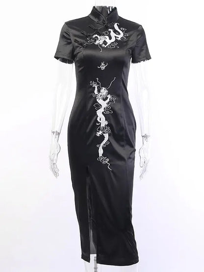 Women's Embroidery Dragon Qipao Cheongsam Retro Side Stand Collar Evening Dress