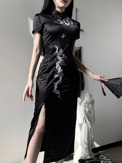 Women's Embroidery Dragon Qipao Cheongsam Retro Side Stand Collar Evening Dress