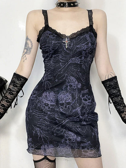 Party Skulls Pattern Trim Mini Grunge Gothic Dress Backless Lace Sleeveless Short Dress