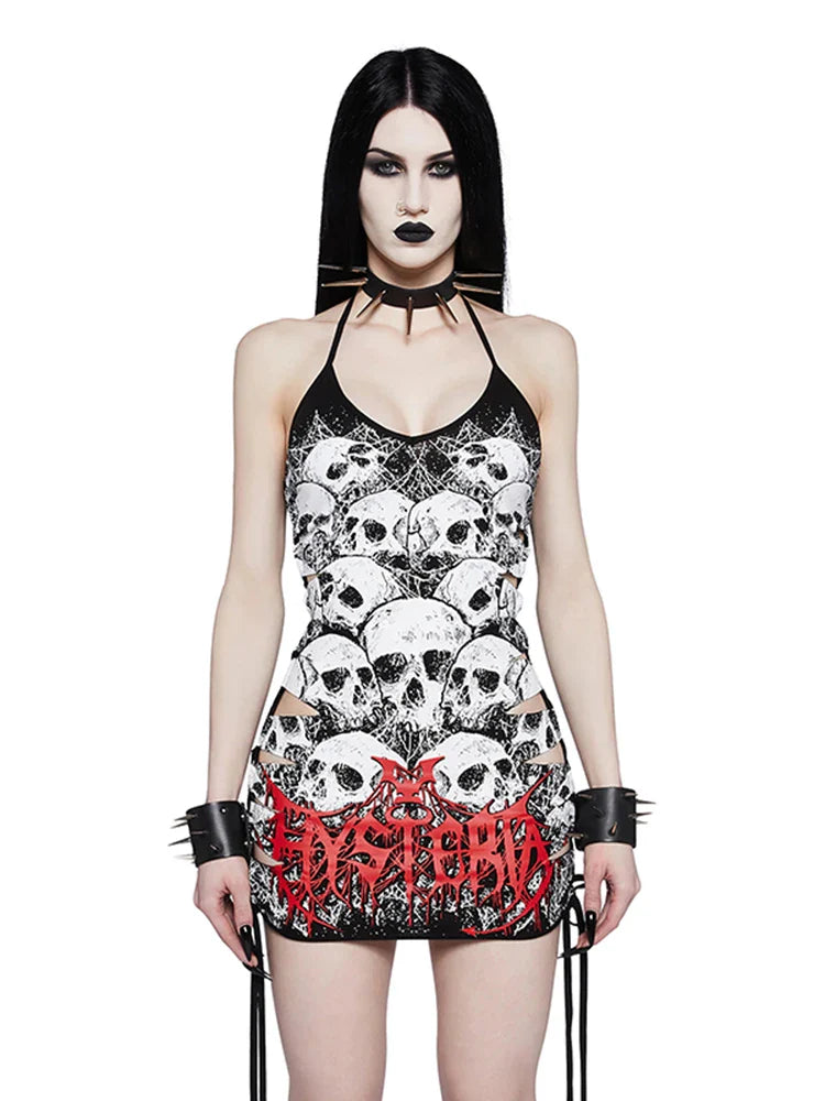 Y2K Drawstring Print Size Out Sleeveless Sling Plus Cami Punk Strap Hollow Party Skull Dress