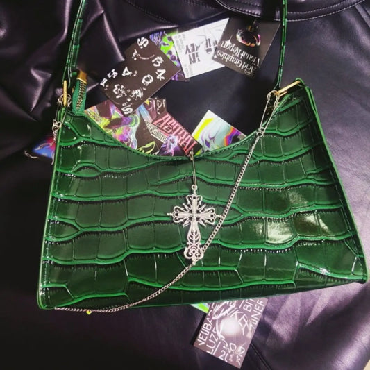 Punk Gothic Y2k Street Cross Chains Crocodile Pattern Green Underarm Bag