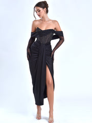 Stella Black Off Shoulder Graceful Crystal Corset Satin Gown S / US 4 6 Dresses