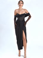 Stella Black Off Shoulder Graceful Crystal Corset Satin Gown XS / US 2 Dresses