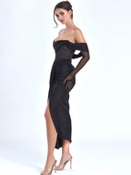 Stella Black Off Shoulder Graceful Crystal Corset Satin Gown L / US 10 12 Dresses