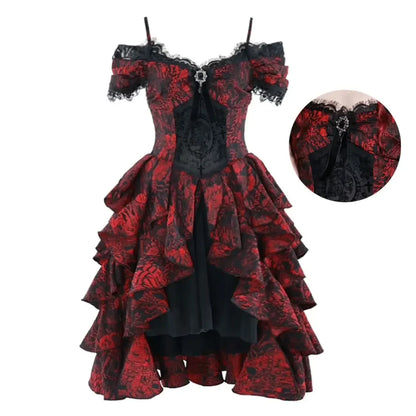 Japanese Lolita Court Style Red Black Off-Shoulder Gothic Wave High-Waist Halloween Autumn Party Dark Dress