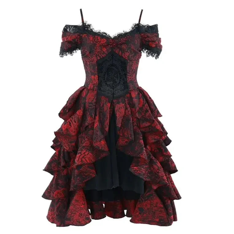 Japanese Lolita Court Style Red Black Off-Shoulder Gothic Wave High-Waist Halloween Autumn Party Dark Dress