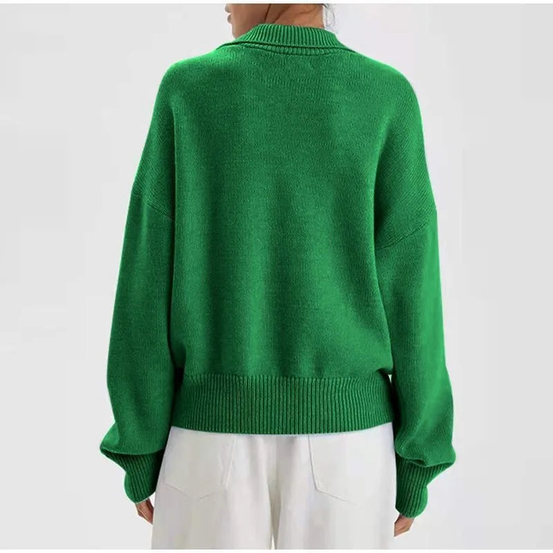 Chic Polo Collar Casual Oversized Solid Color Knitted Christmas Sweater Sweaters-L