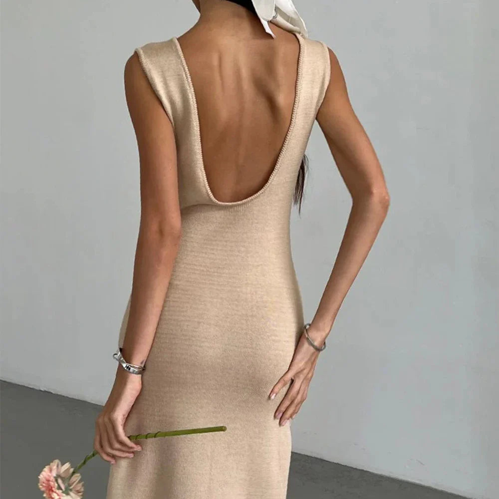 Knit Hollow Out Elegant Backless Sexy V-Neck Maxi Dress