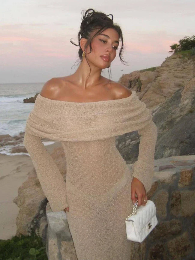 Stylish Knitted Sheer Beach Hollow Out Off Shoulder Elegant Long Sleeve Maxi Dress Main image