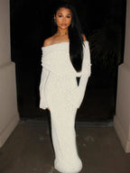 Stylish Knitted Sheer Beach Hollow Out Off Shoulder Elegant Long Sleeve Maxi Dress