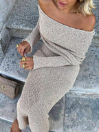 Stylish Knitted Sheer Beach Hollow Out Off Shoulder Elegant Long Sleeve Maxi Dress