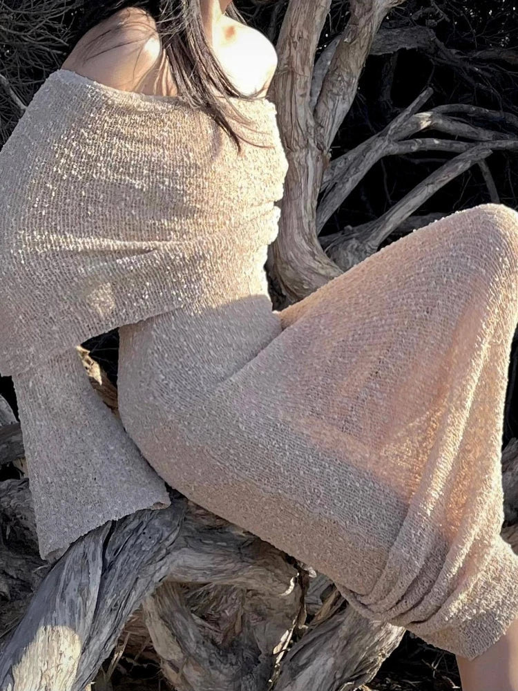 Stylish Knitted Sheer Beach Hollow Out Off Shoulder Elegant Long Sleeve Maxi Dress