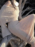 Stylish Knitted Sheer Beach Hollow Out Off Shoulder Elegant Long Sleeve Maxi Dress