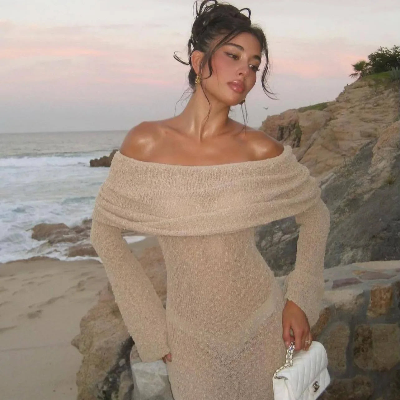 Stylish Knitted Sheer Beach Hollow Out Off Shoulder Elegant Long Sleeve Maxi Dress Apricot / S