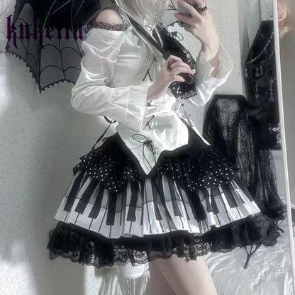 Harajuku Y2K Piano Key Dot Lace Gothic Lolita Fairy Skirt