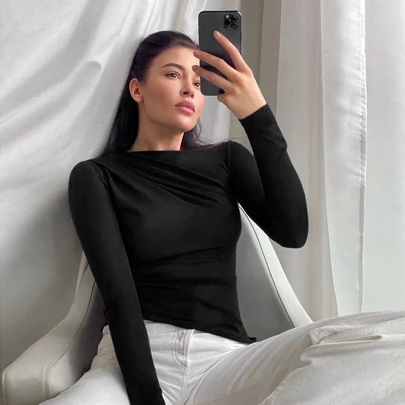 Basic White Skew Neck Long Sleeve Tee Black / S