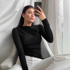 Basic White Skew Neck Long Sleeve Tee Black / S