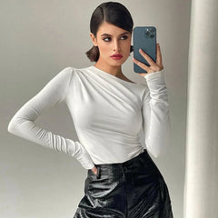 Basic White Skew Neck Long Sleeve Tee WHITE / S