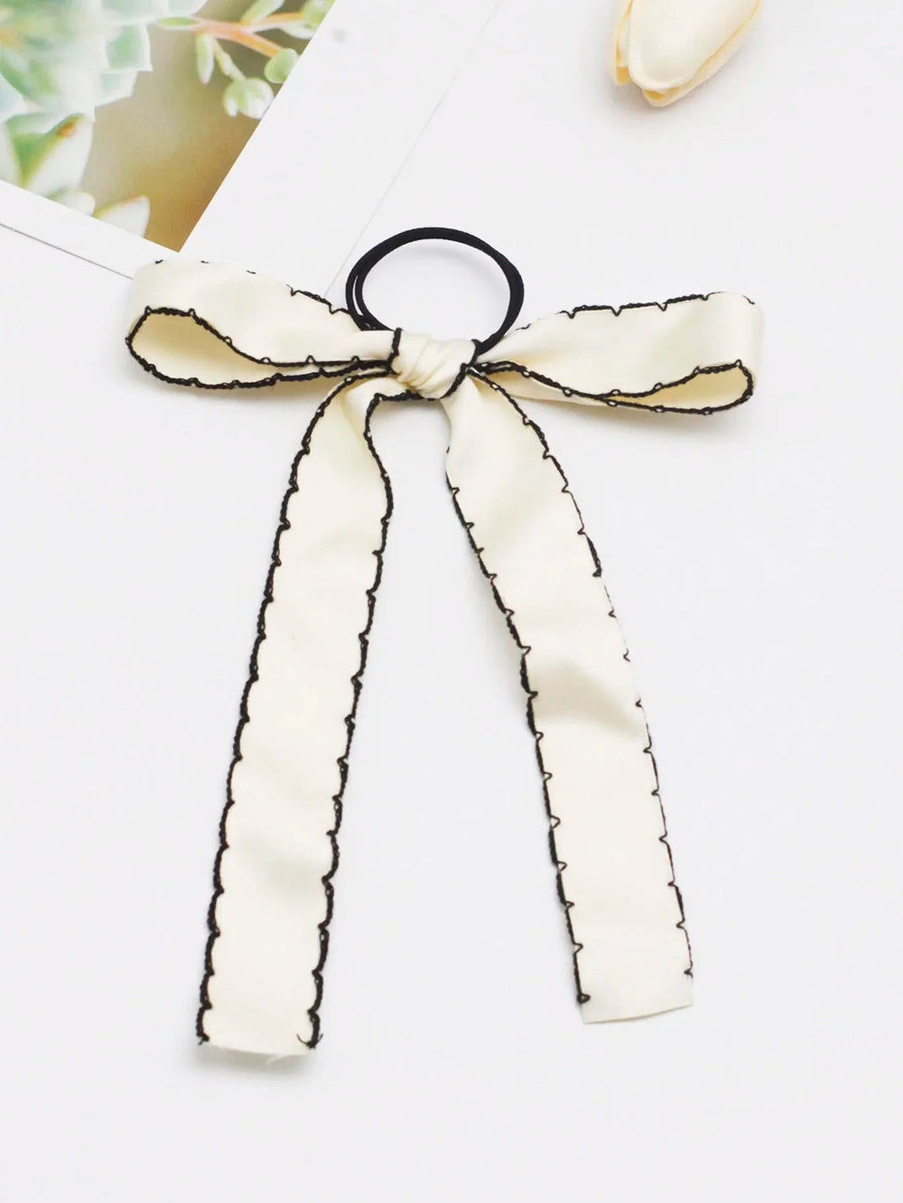 Long Tassel Streamer Elastic Ribbon Bowknot Hair Accessory For Christmas Beige Accessories-L