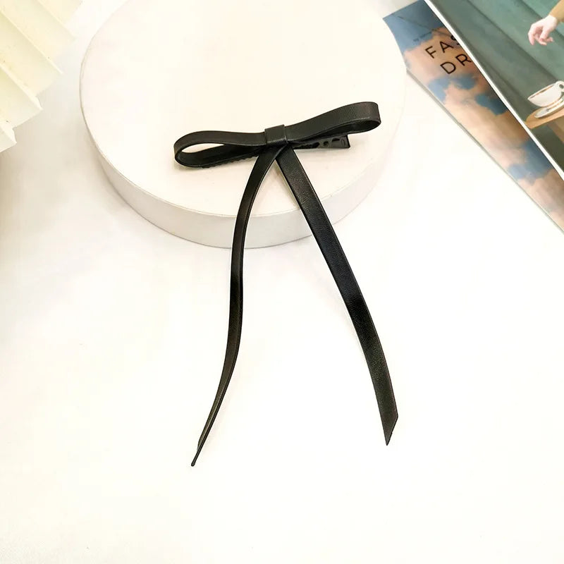 New PU Leather Bow Long Ribbon Duckbill Clip Christmas Hair Accessory