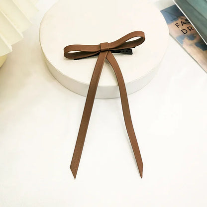 New PU Leather Bow Long Ribbon Duckbill Clip Christmas Hair Accessory