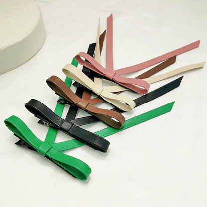 New PU Leather Bow Long Ribbon Duckbill Clip Christmas Hair Accessory