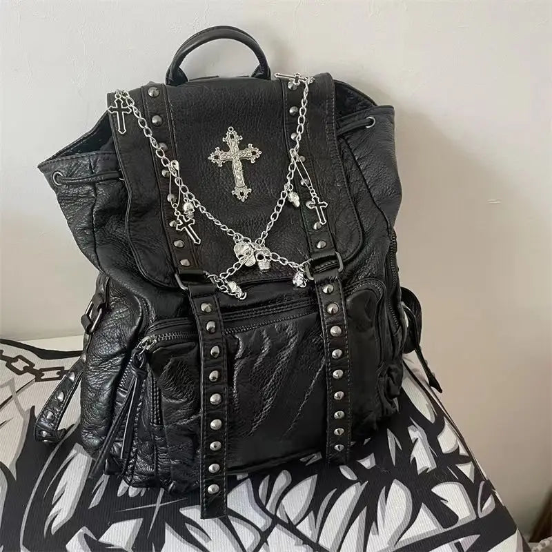 Goth Black Punk Rivet Chain Skeleton Fashion Women Backpack Bag