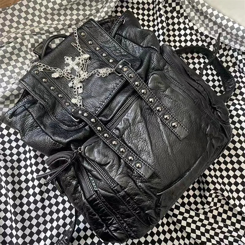 Goth Black Punk Rivet Chain Skeleton Fashion Women Backpack Bag