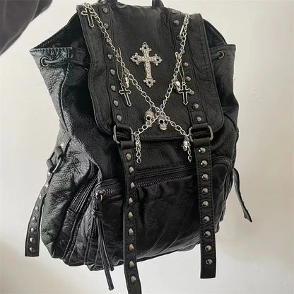 Goth Black Punk Rivet Chain Skeleton Fashion Women Backpack Bag