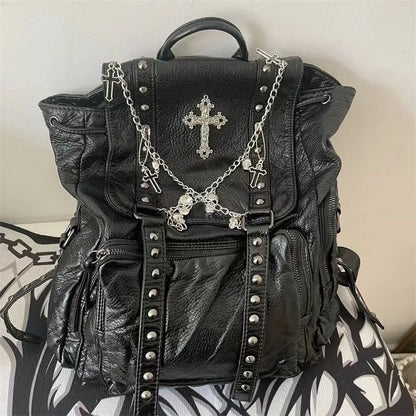 Goth Black Punk Rivet Chain Skeleton Fashion Women Backpack Bag