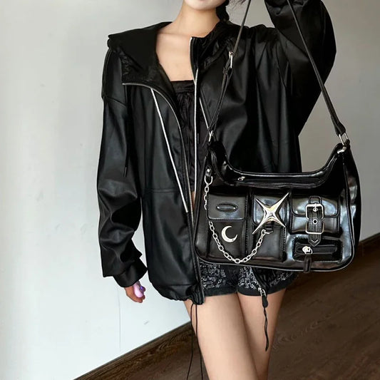 Y2K Black Harajuku Shoulder Chains Gothic Motorcycle Casual Fashion Bag