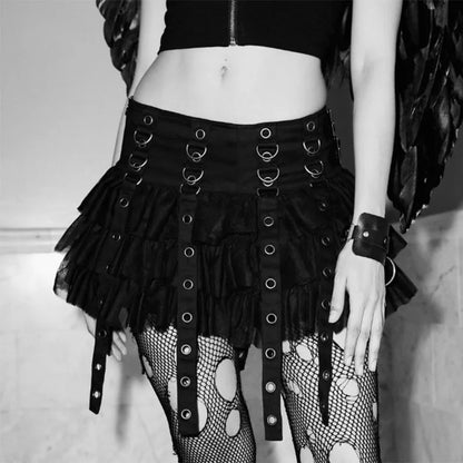 Mall Goth Black Pleated Mini Skirt with Chain for Women