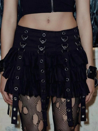 Mall Goth Black Pleated Mini Skirt with Chain for Women