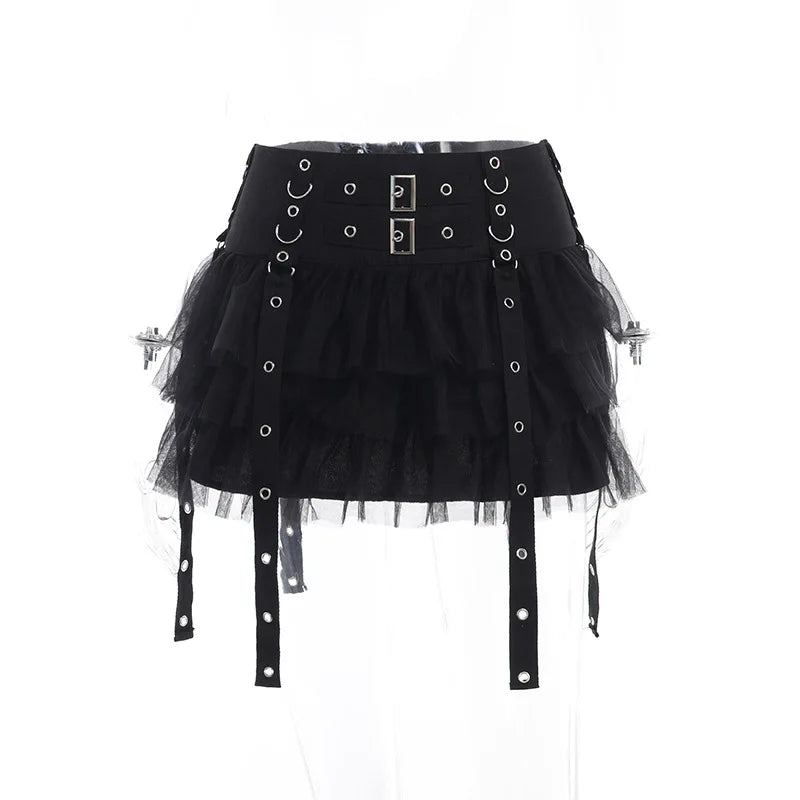 Mall Goth Black Pleated Mini Skirt with Chain for Women