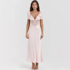 Autumn Long Elegant Pink Maxi V Neck Formal Occasion Puff Sleeve Lace Dress