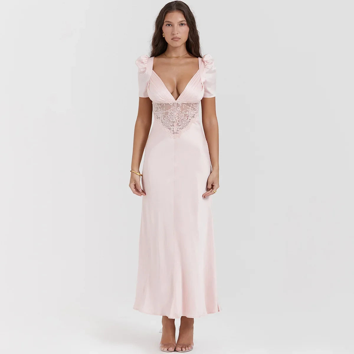 Autumn Long Elegant Pink Maxi V Neck Formal Occasion Puff Sleeve Lace Dress
