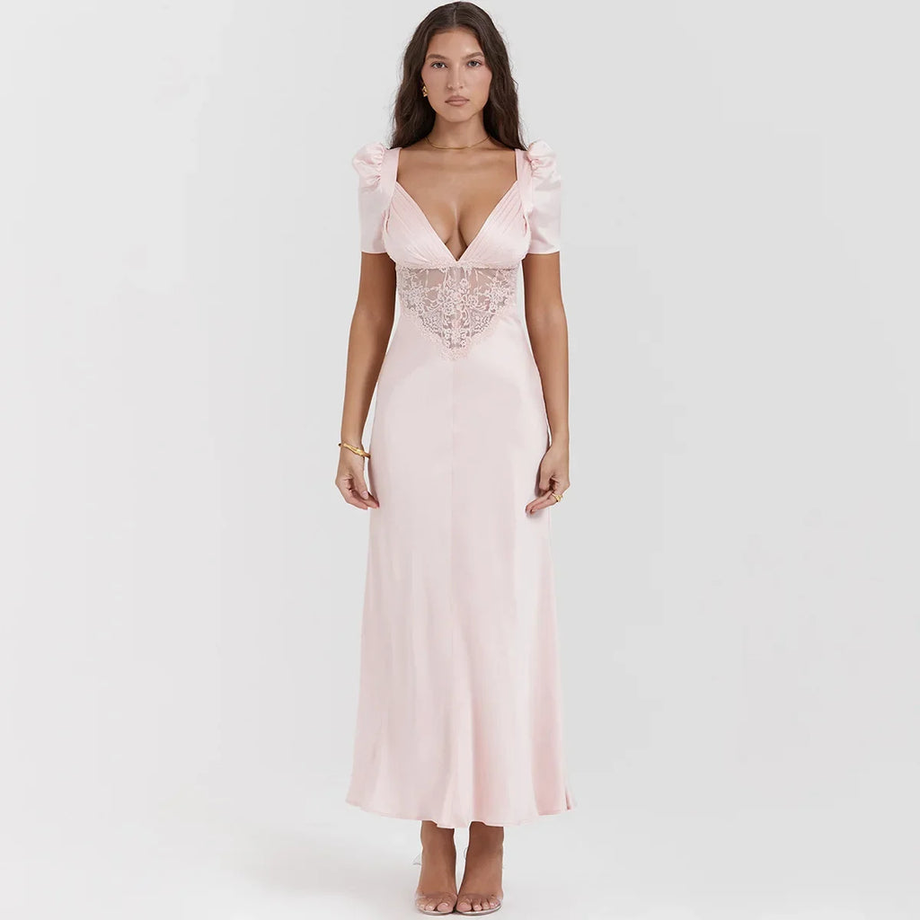 Autumn Long Elegant Pink Maxi V Neck Formal Occasion Puff Sleeve Lace Dress