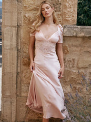 Autumn Long Elegant Pink Maxi V Neck Formal Occasion Puff Sleeve Lace Dress Pink / XS