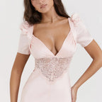 Autumn Long Elegant Pink Maxi V Neck Formal Occasion Puff Sleeve Lace Dress