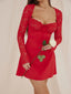 Lace Sleeve Square Neck Elegant Mini A Line Birthday Party Red Hollow Out Lace Dress RED / S
