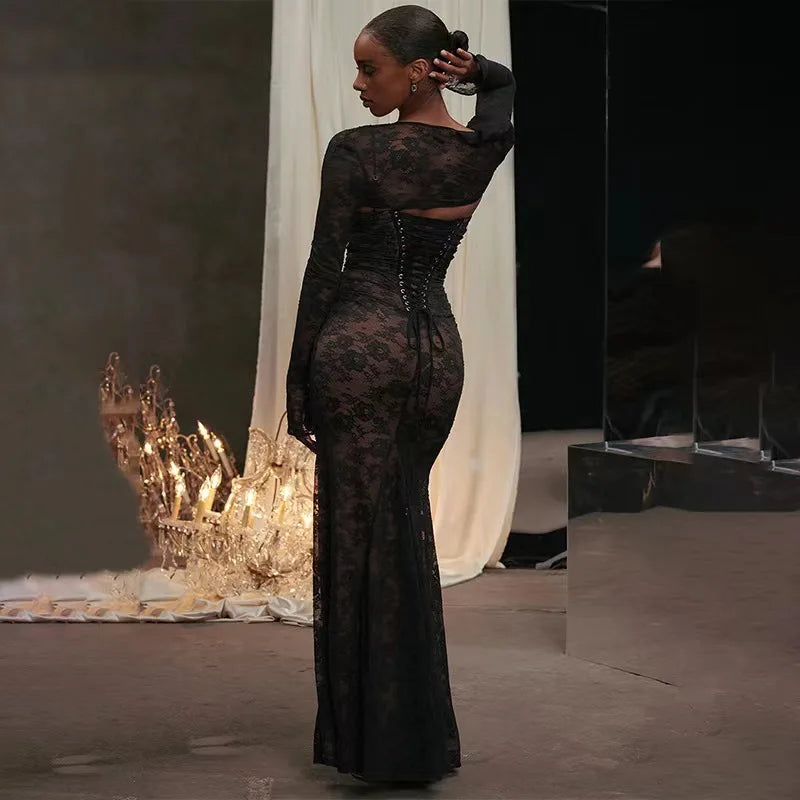 Maxi Women Clothing 2024 Lace Up White Wedding Events Elegant Lace Detachable Cape Party Dress Black / XS
