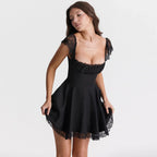 Summer Lace Patchwork Square Neck Mini Casual A Line Birthday Black Lace Up Women’s Clothing Dress