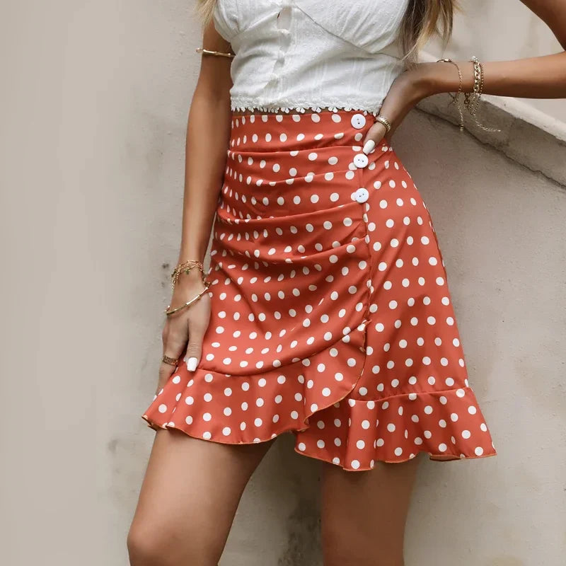 Multi Dot Print Ruffle High Waist Mini Skirt