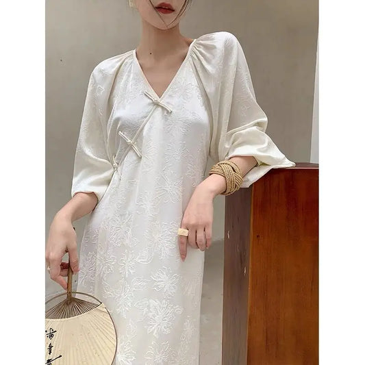 New Chinese Style Lantern Sleeved Spring Summer Casual Midi Dress